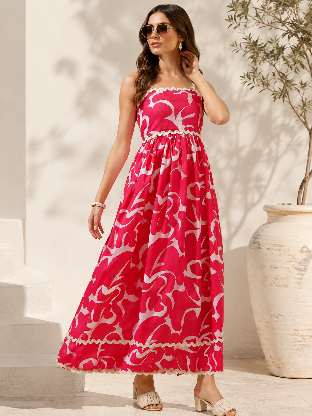 Pink Shoulder Straps Fit and Flare Dress
