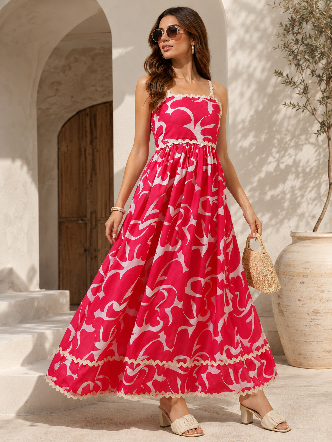 Pink Shoulder Straps Fit and Flare Dress