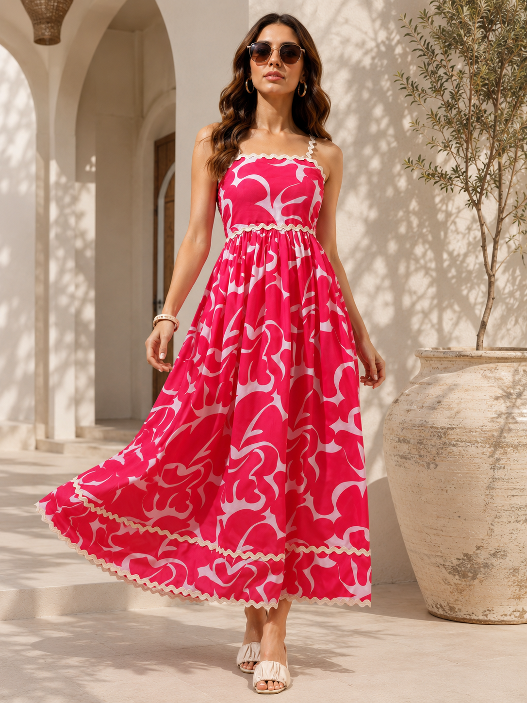 Pink Shoulder Straps Fit and Flare Dress