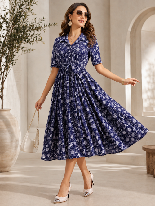 Azure Charm Fit & Flare Midi Dress
