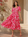 Pink Puff Sleeves Fit & Flare Midi Dress