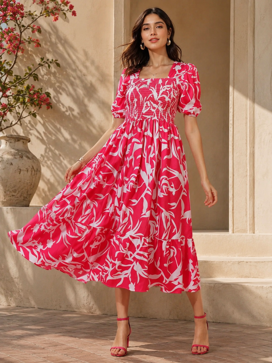 Pink Puff Sleeves Fit & Flare Midi Dress