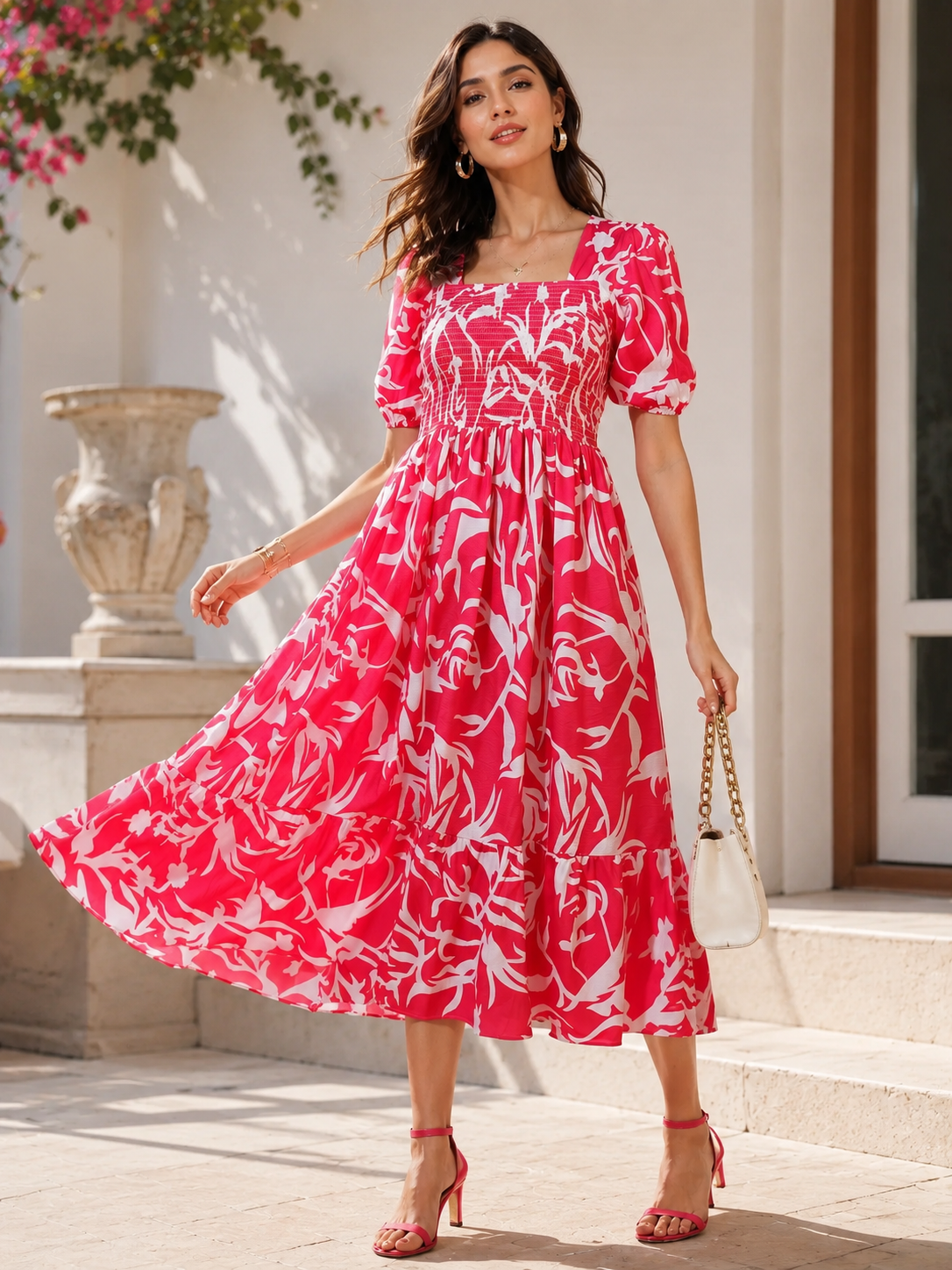 Pink Puff Sleeves Fit & Flare Midi Dress
