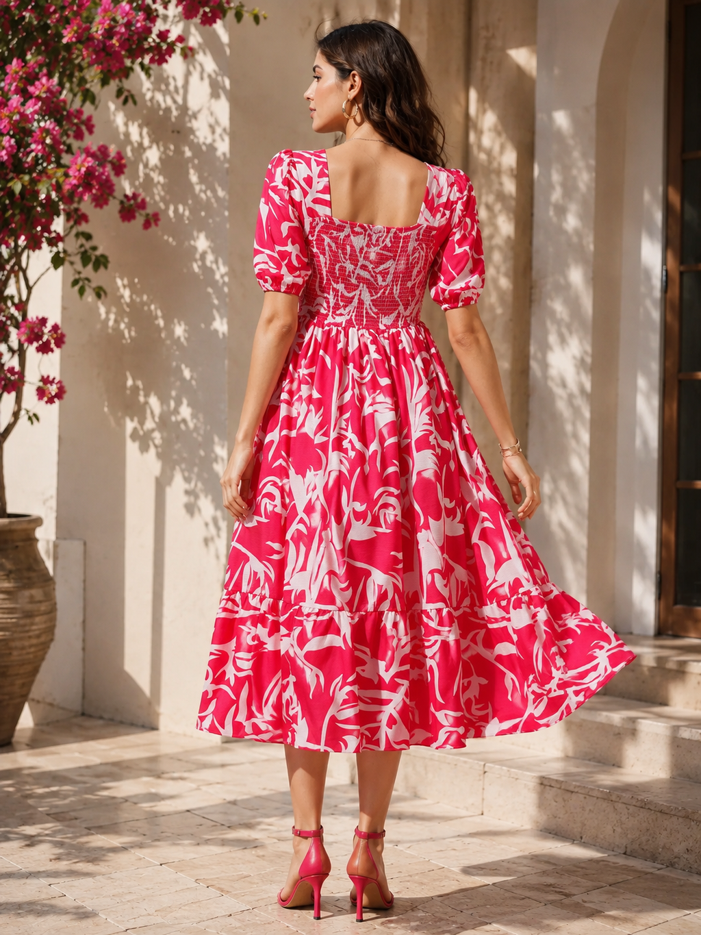 Pink Puff Sleeves Fit & Flare Midi Dress