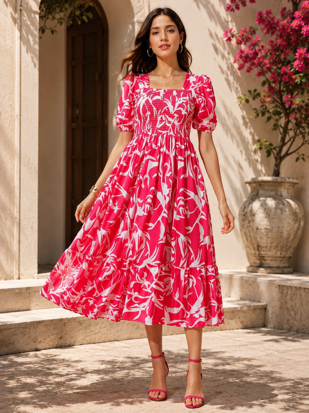 Pink Puff Sleeves Fit & Flare Midi Dress