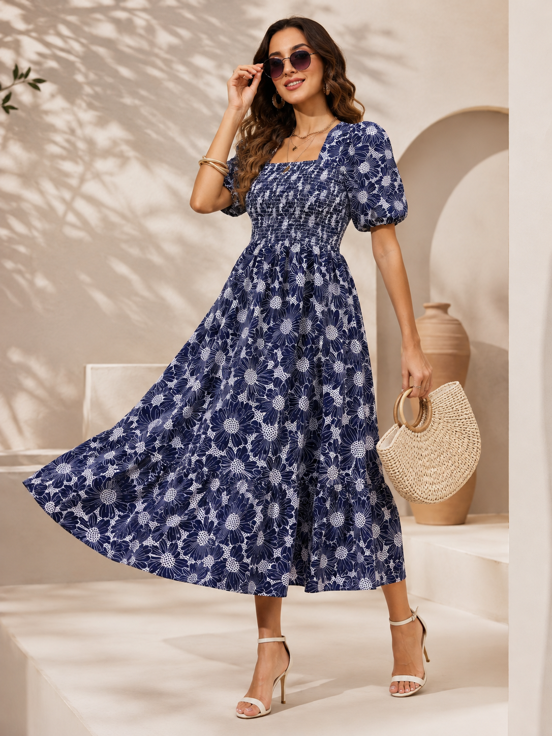 Blue Blossom Fit & Flare Midi Dress