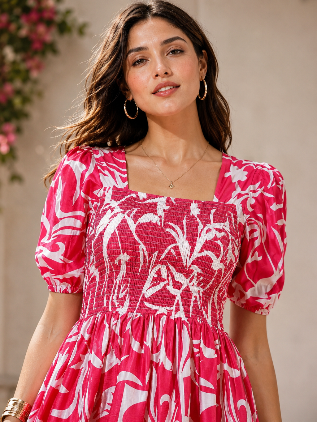 Pink Puff Sleeves Fit & Flare Midi Dress