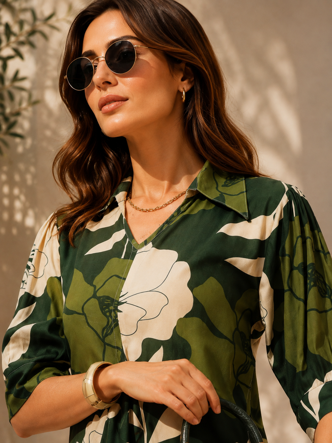 Green Shirt Collar A-Line Midi Dress