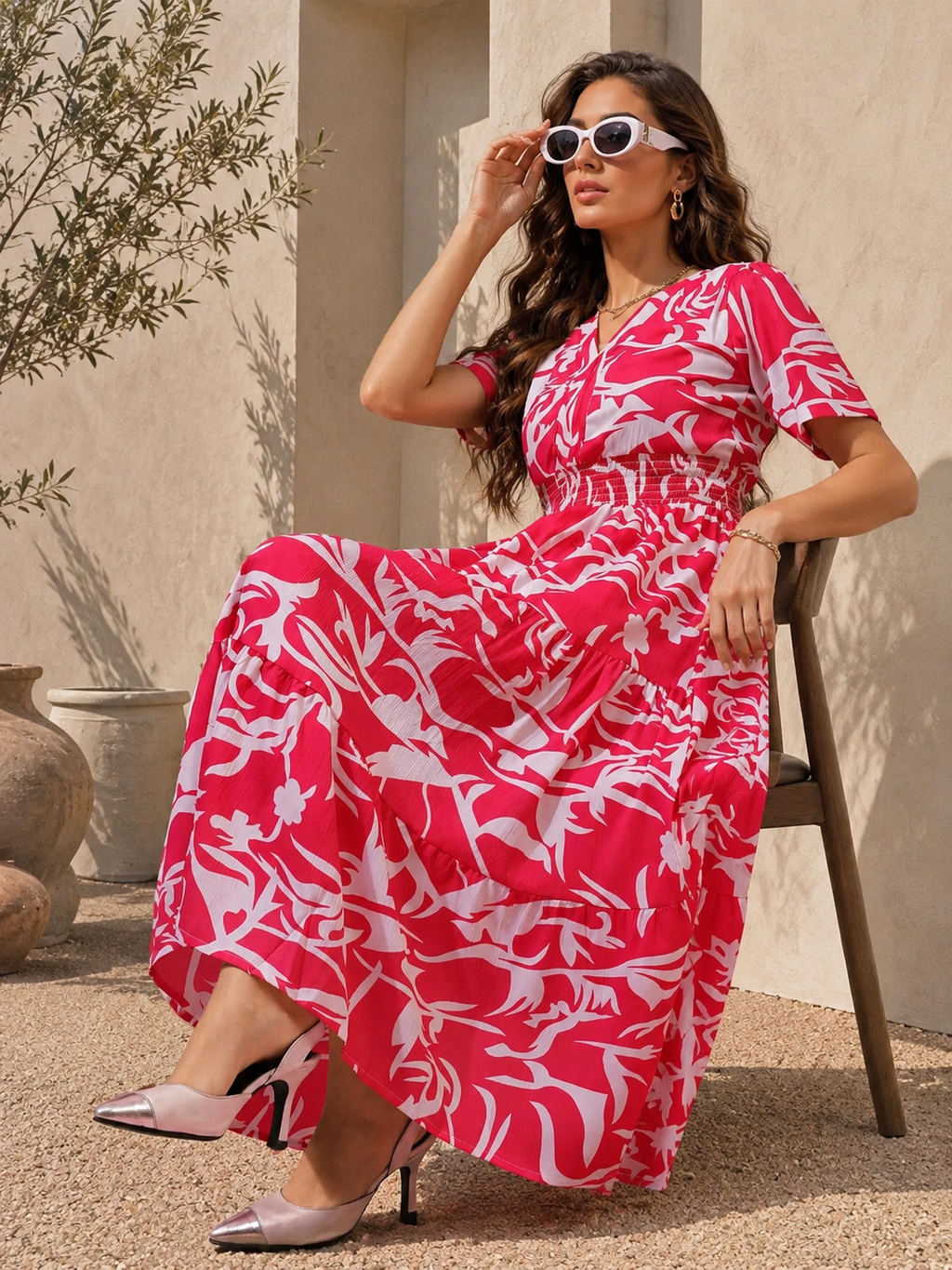 Pink Charm V-Neck Midi Dress