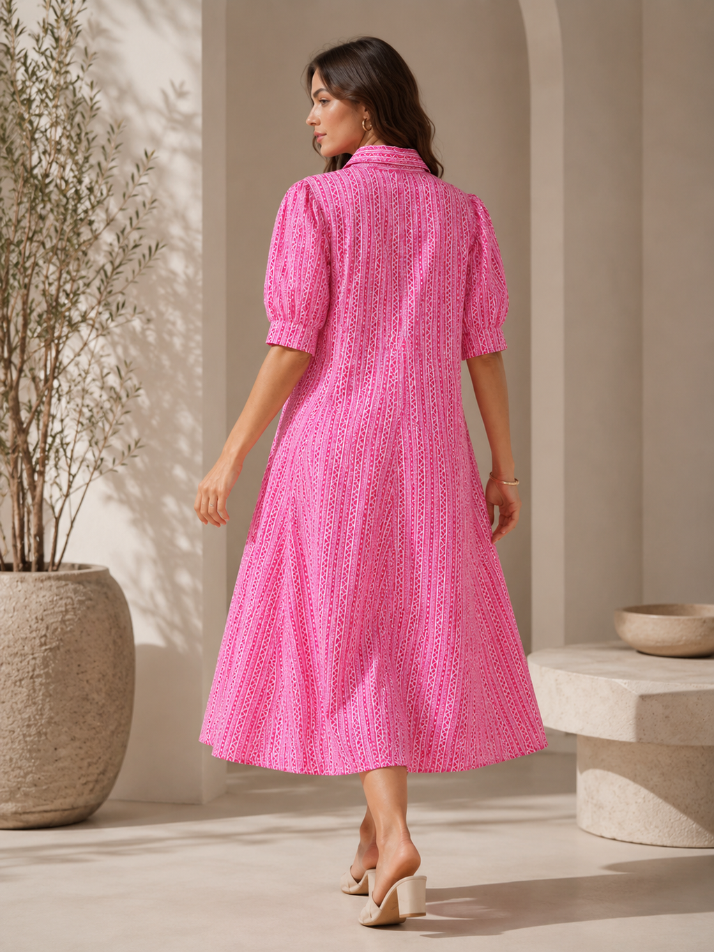 Pink Shirt Collar A-Line Midi Dress