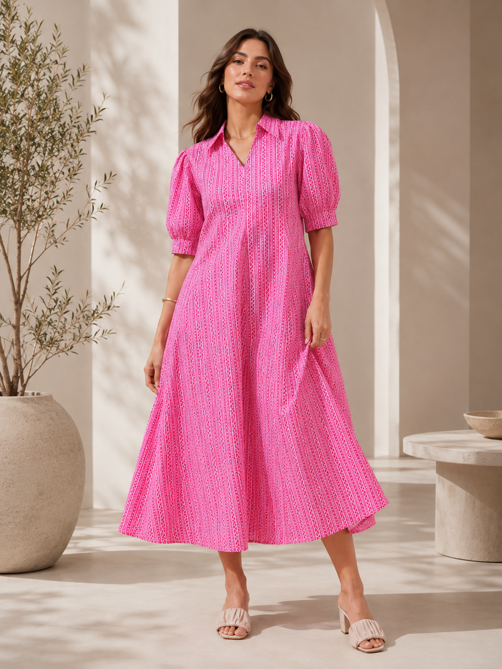 Pink Shirt Collar A-Line Midi Dress