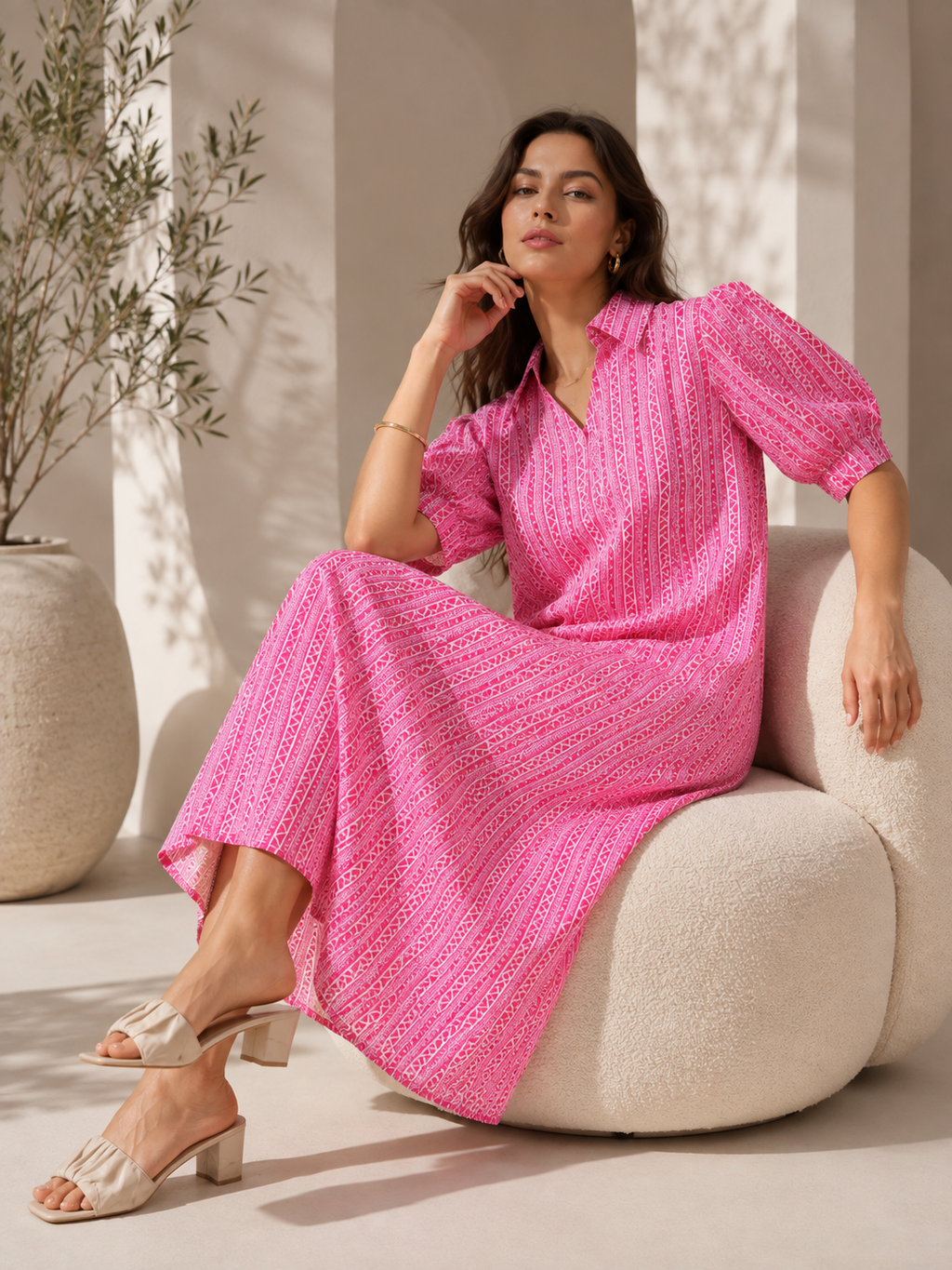 Pink Shirt Collar A-Line Midi Dress