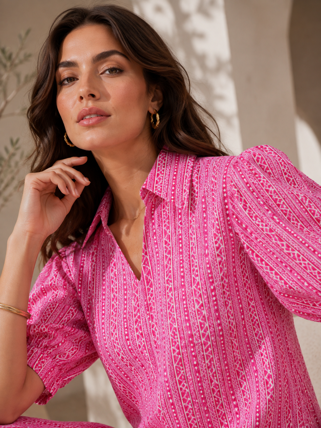 Pink Shirt Collar A-Line Midi Dress