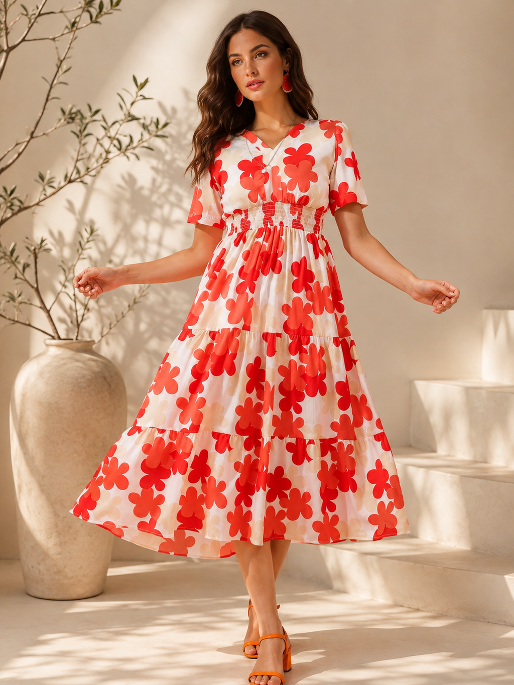 Red Floral Print Short Sleeves Midi Dress