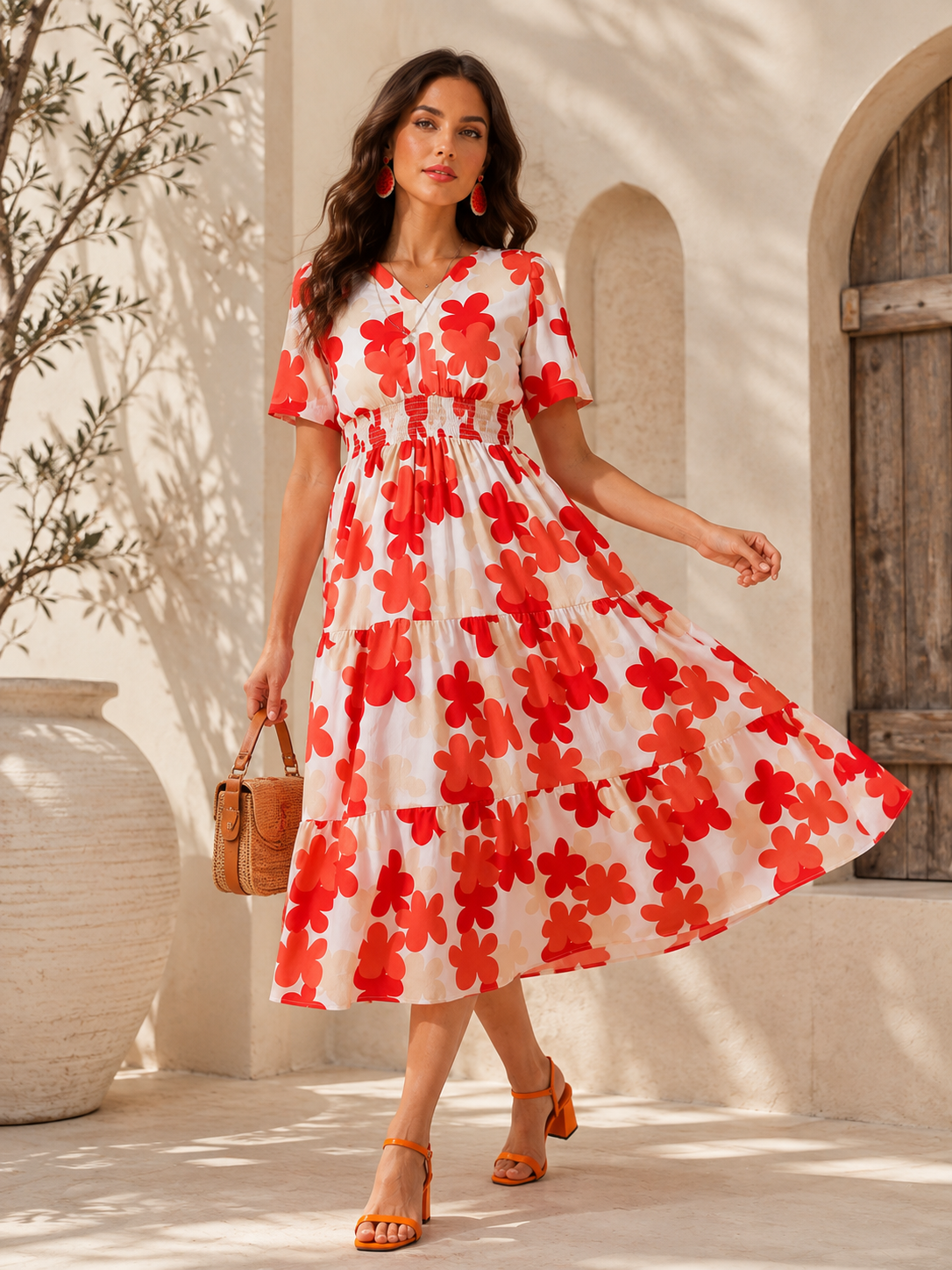Red Floral Print Short Sleeves Midi Dress