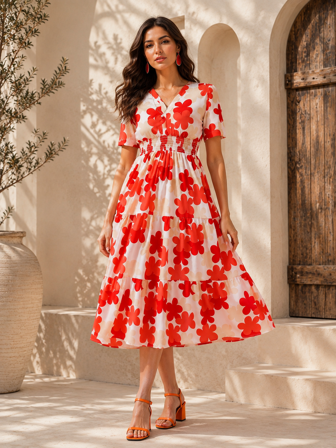 Red Floral Print Short Sleeves Midi Dress