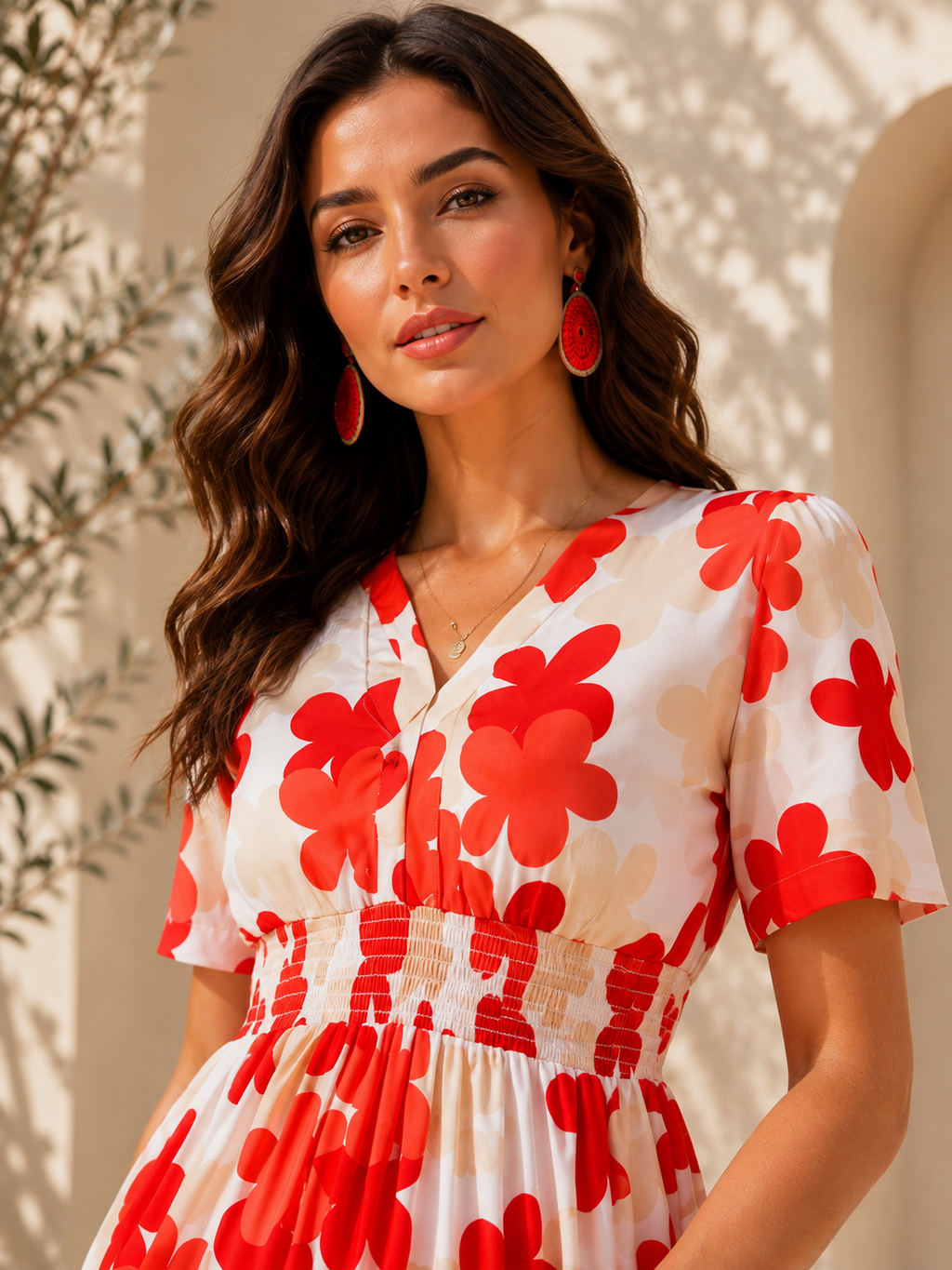 Red Floral Print Short Sleeves Midi Dress