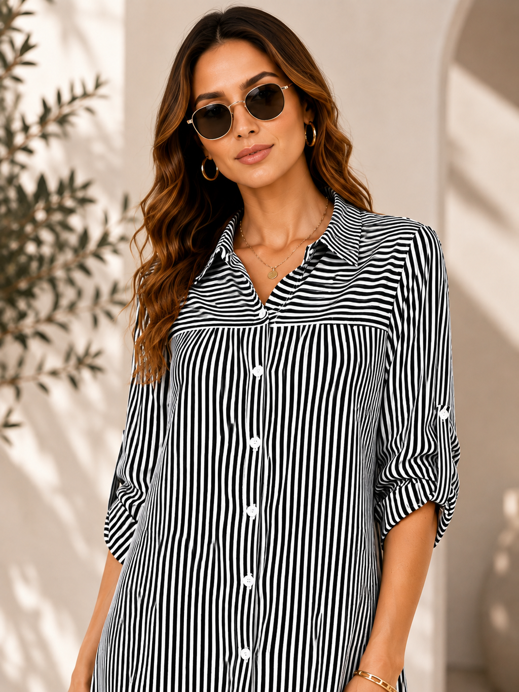 Black Striped Crepe Fit & Flare Dress