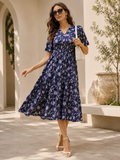 Blue Floral Print Midi Dress
