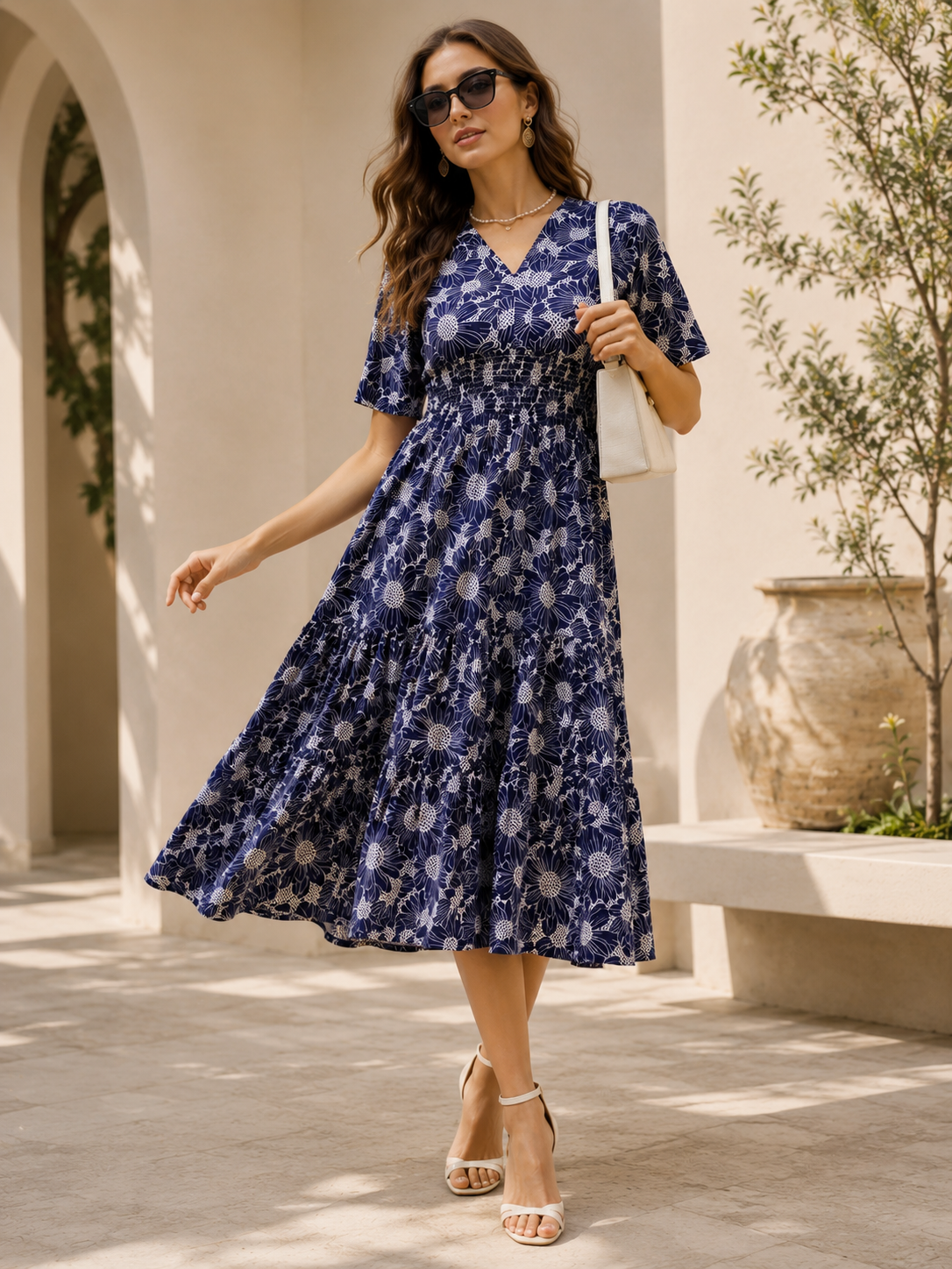 Blue Floral Print Midi Dress