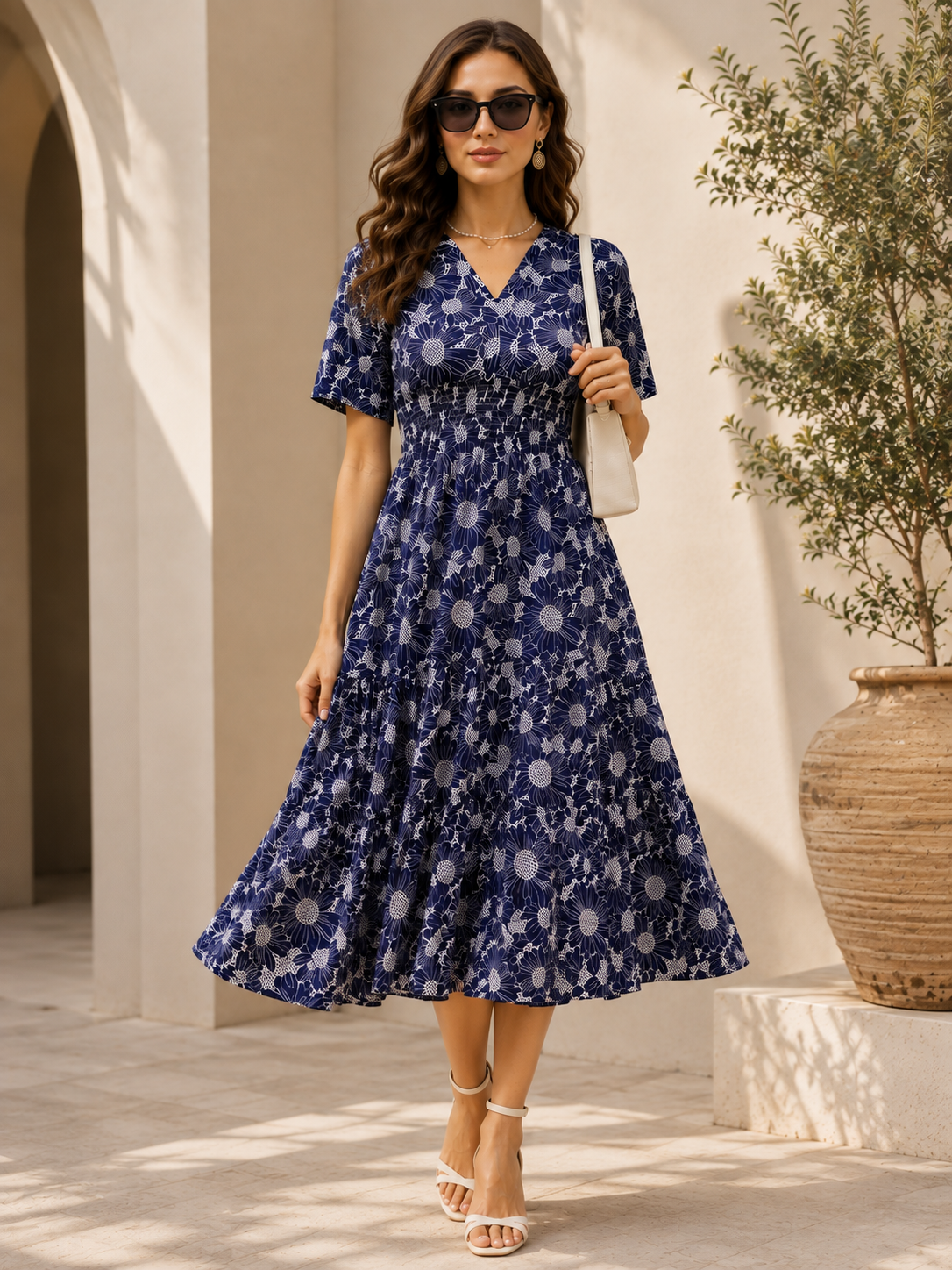 Blue Floral Print Midi Dress