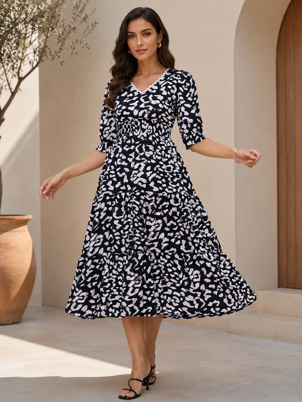 Monochrome Muse Fit & Flare Midi Dress