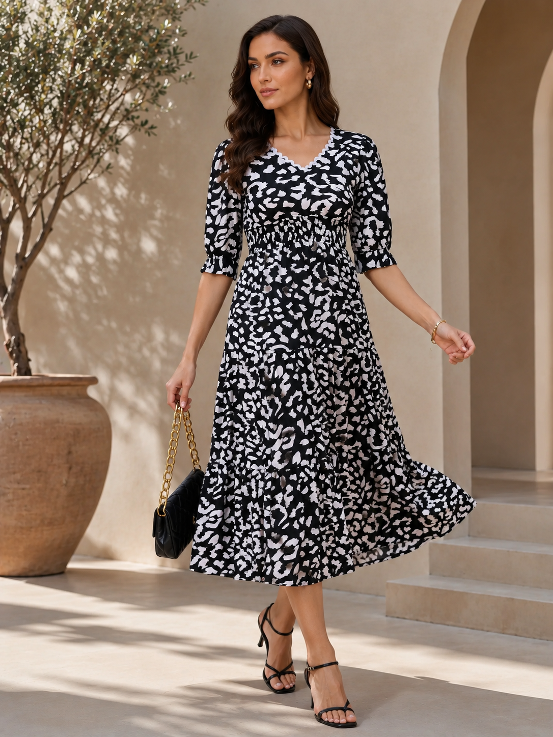 Monochrome Muse Fit & Flare Midi Dress