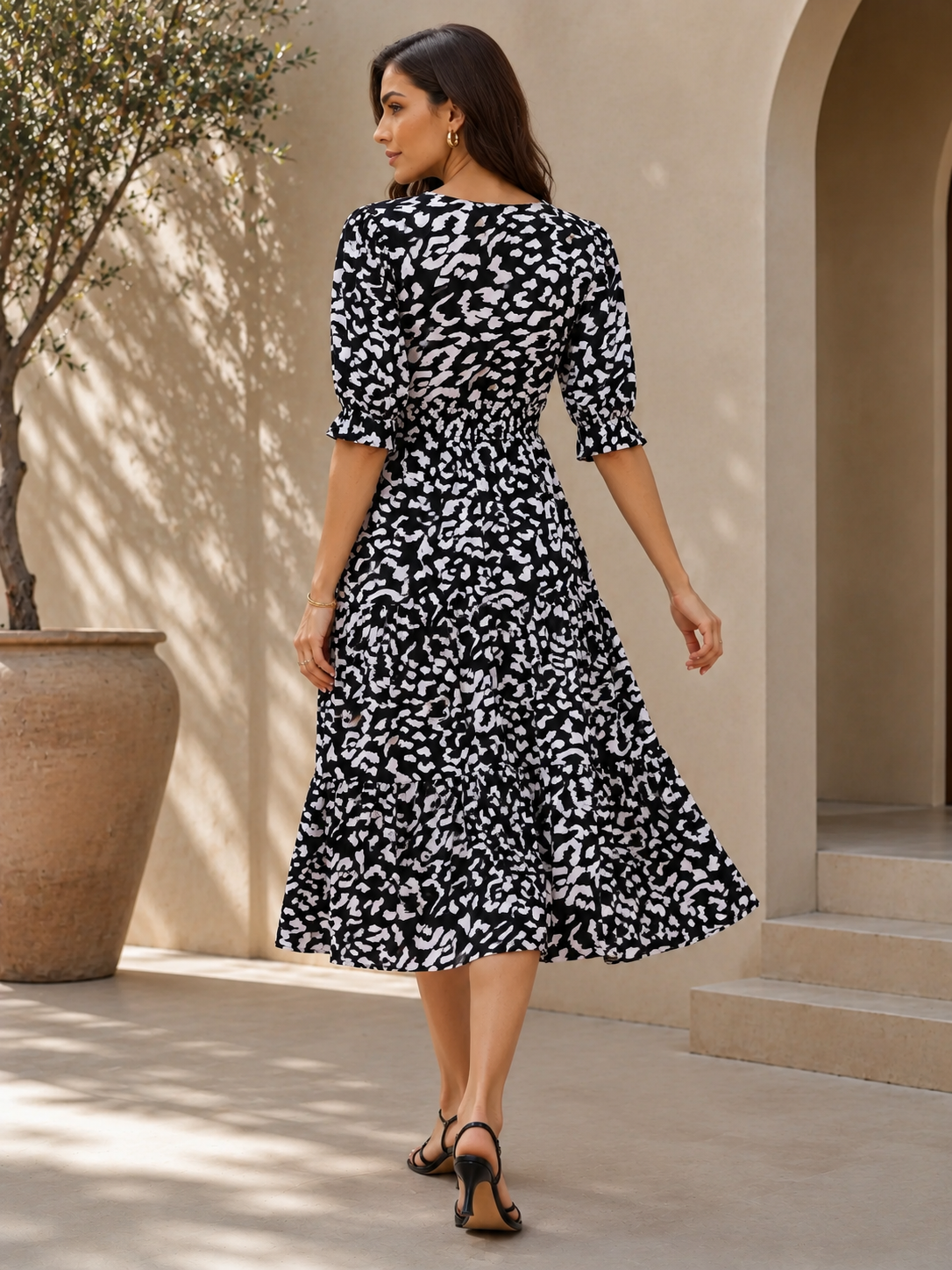 Monochrome Muse Fit & Flare Midi Dress