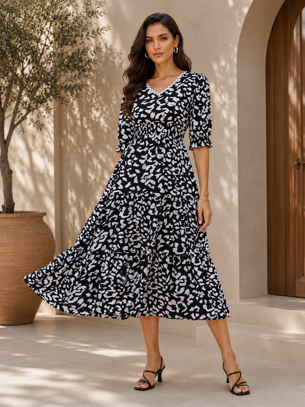 Monochrome Muse Fit & Flare Midi Dress