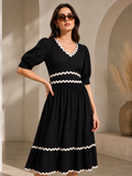 Classic Black Solid Flared Midi Dress