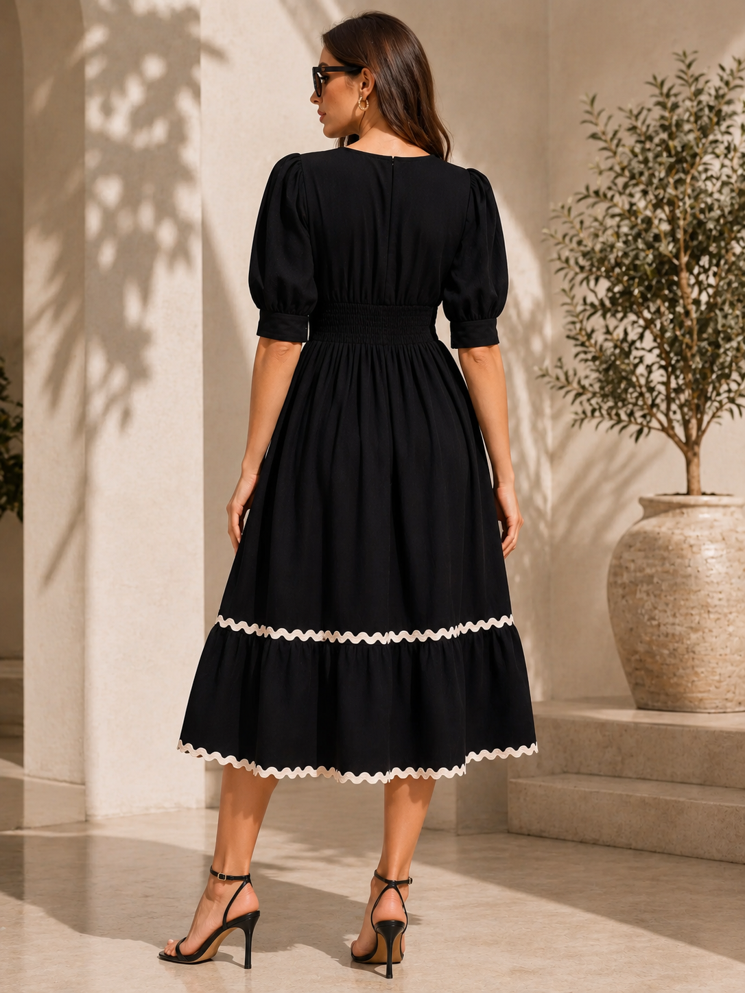 Classic Black Solid Flared Midi Dress