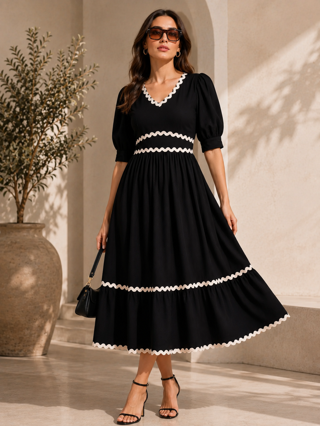 Classic Black Solid Flared Midi Dress