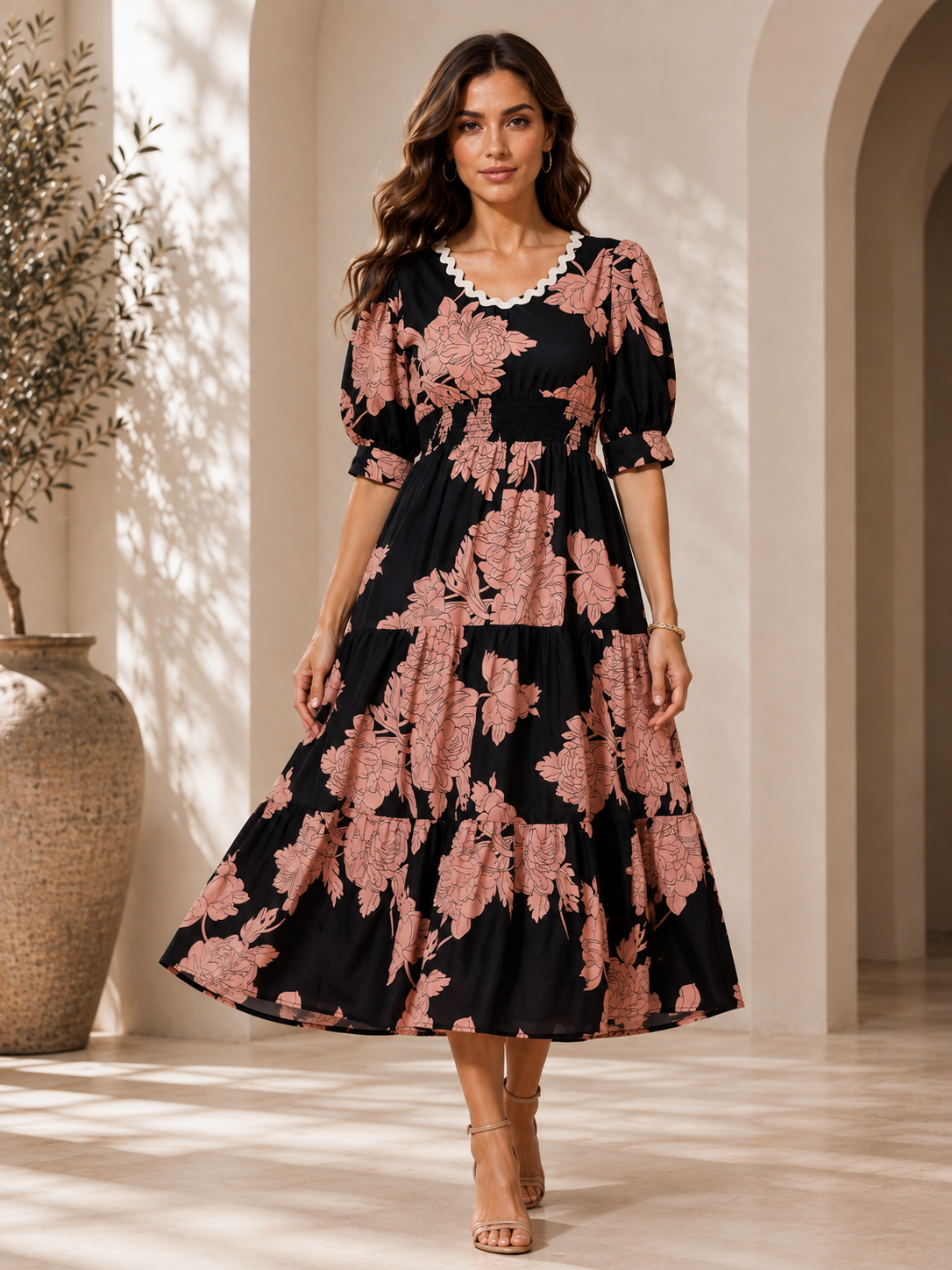 Mocha Muse Floral Midi Dress