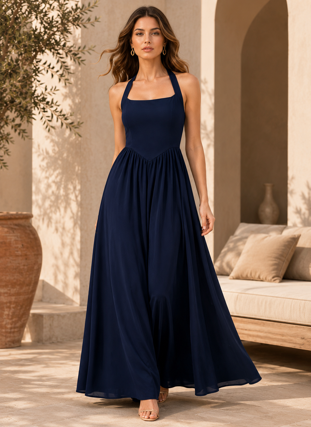 Blue Elegance Solid Maxi Dress