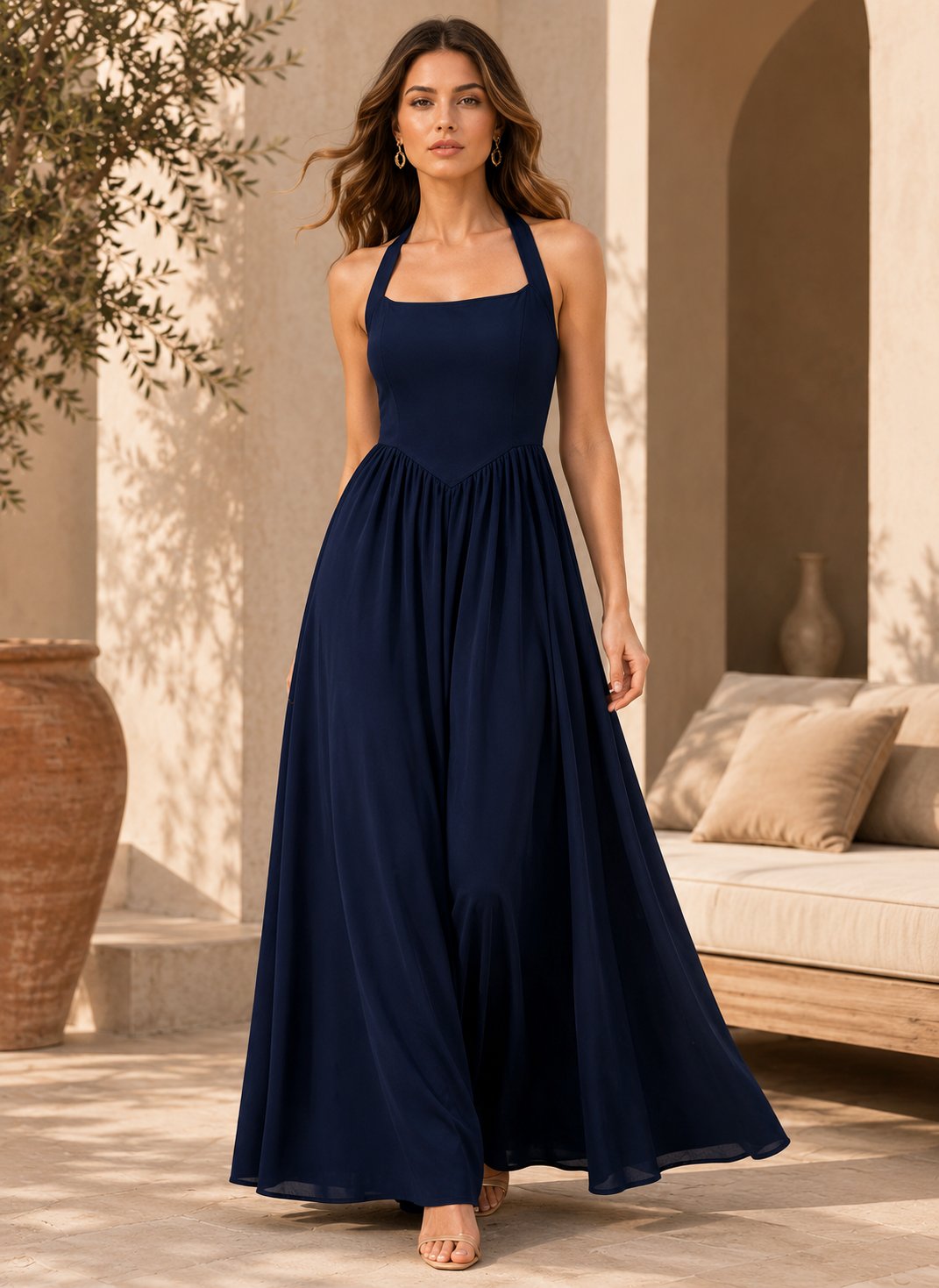 Blue Elegance Solid Maxi Dress