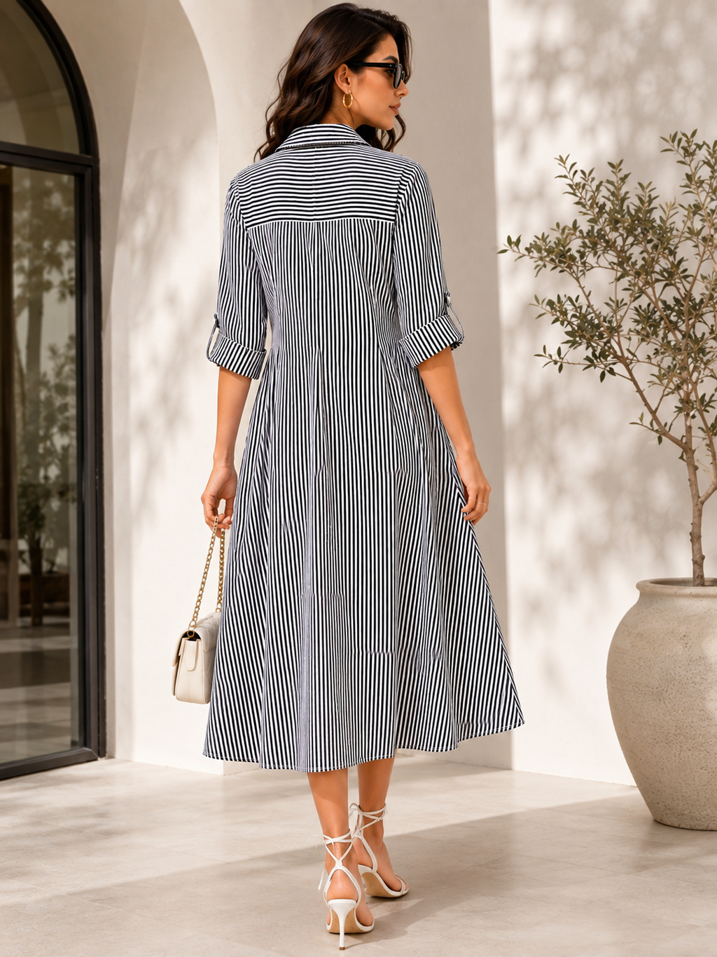 Monochrome Elegance Striped Shirt Dress