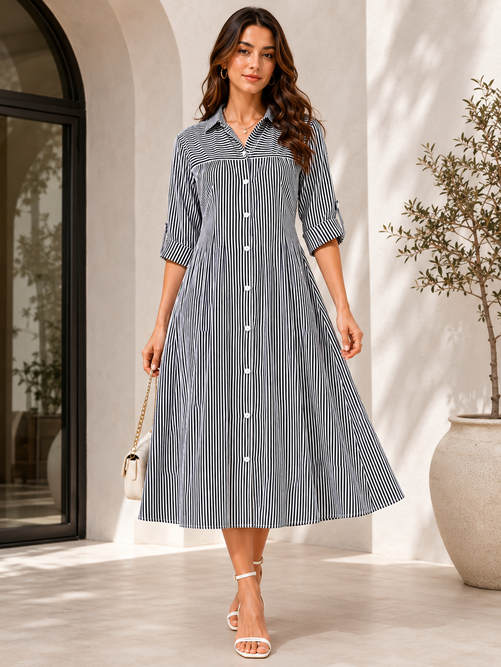 Monochrome Elegance Striped Shirt Dress