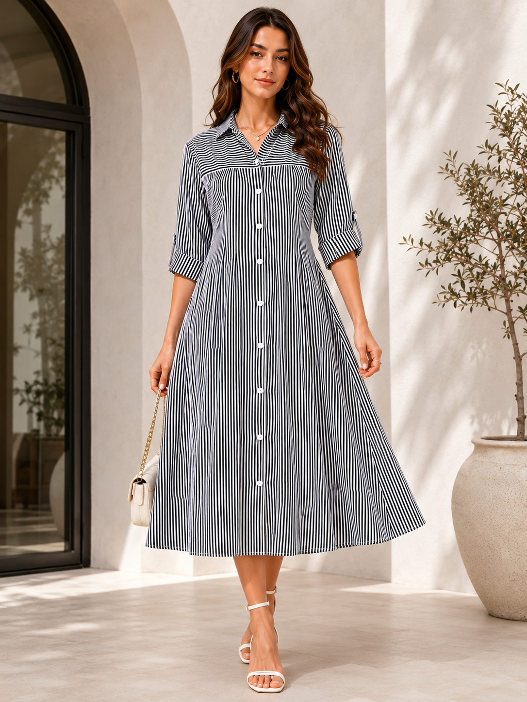 Monochrome Elegance Striped Shirt Dress