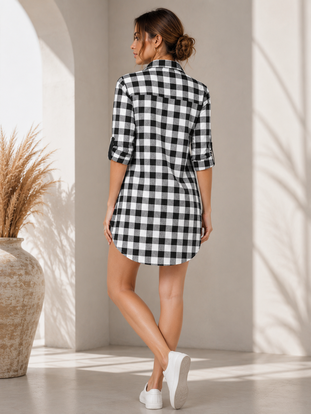 White Checks Cotton Shirt Dress