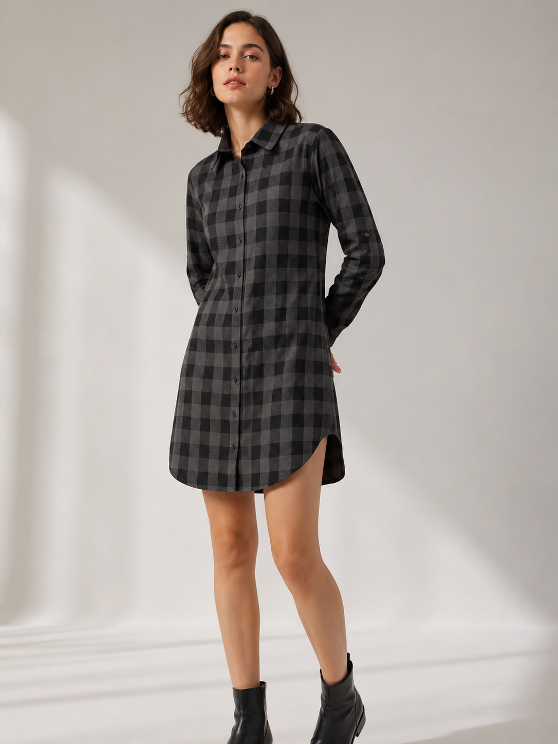Grey Grid Charm Shirt Dress