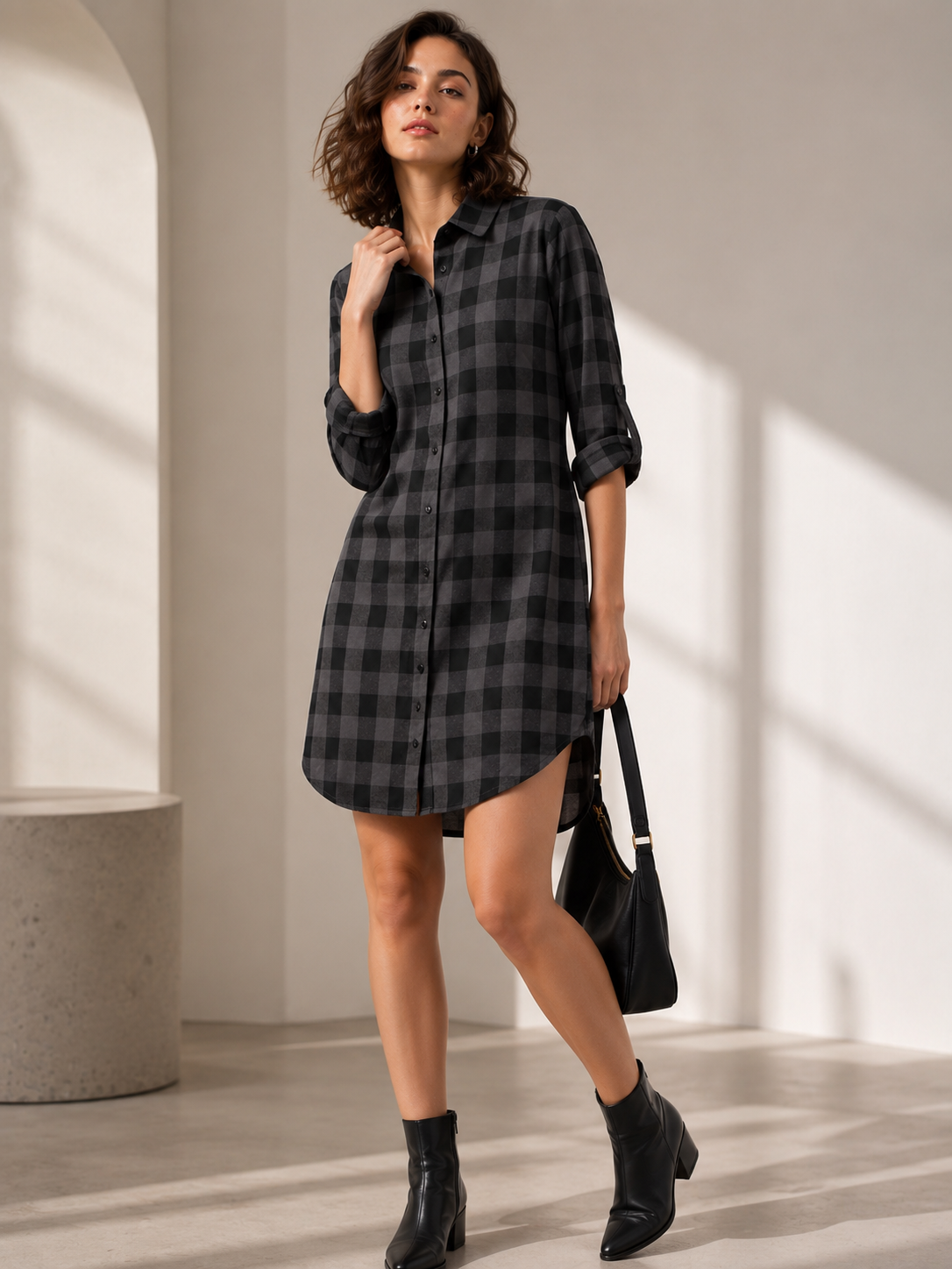 Grey Grid Charm Shirt Dress