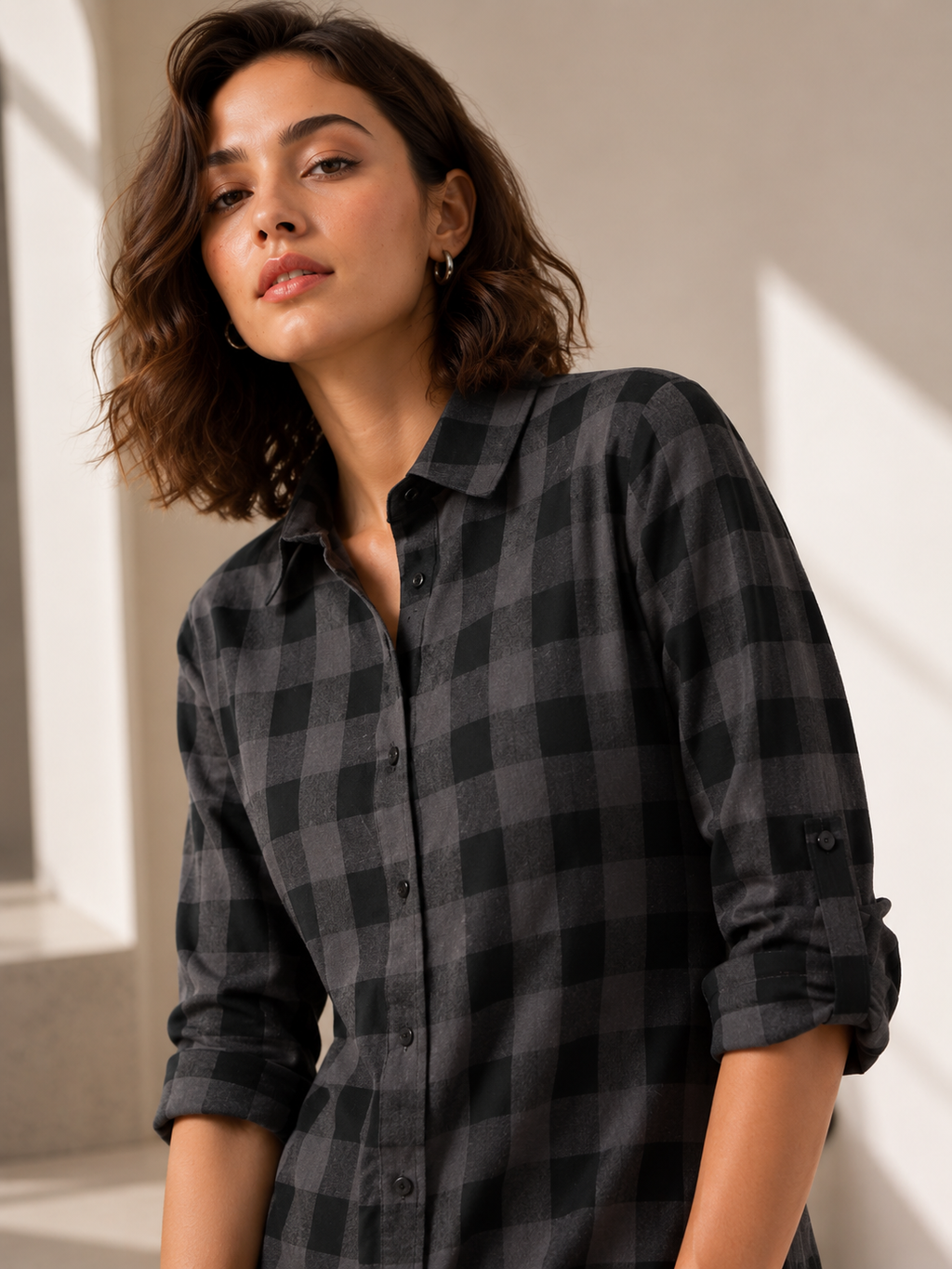 Grey Grid Charm Shirt Dress
