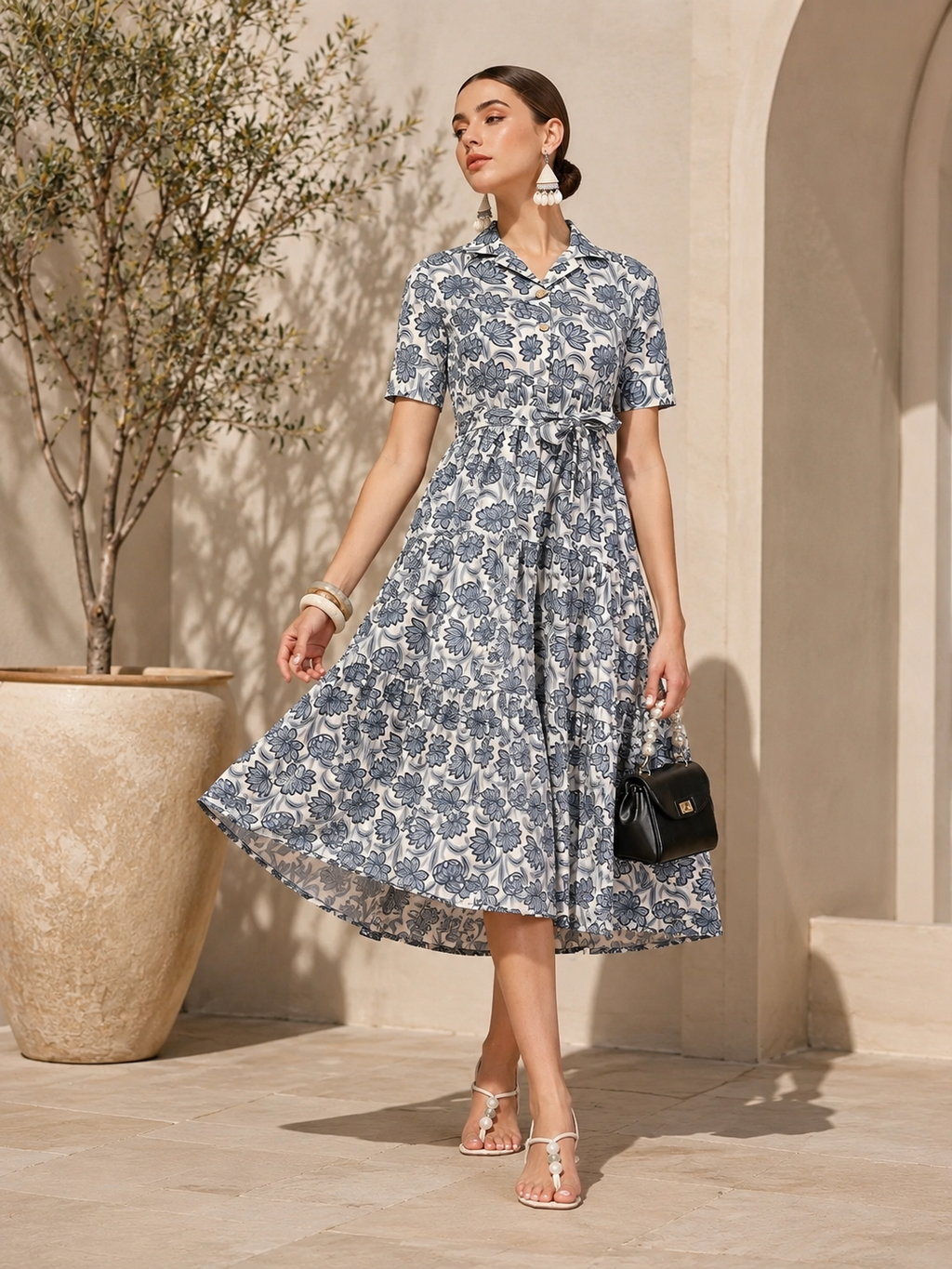 Blooming Grey Charm Midi Dress