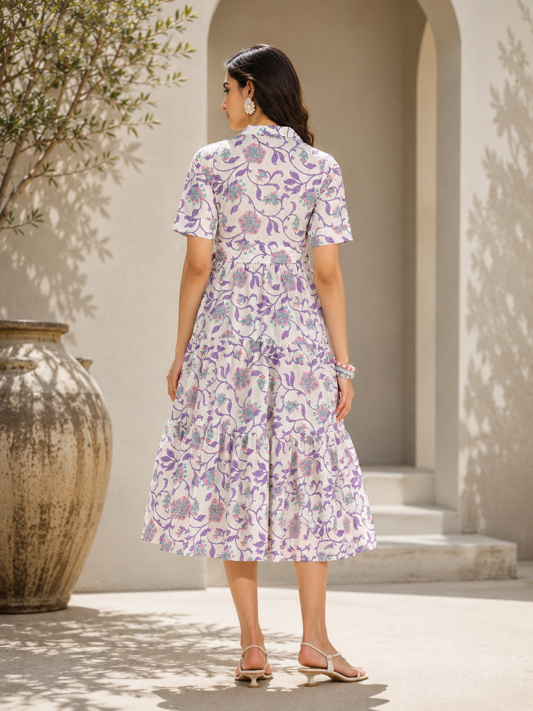 Purple Bloom Belted Fit & Flare Midi Dress