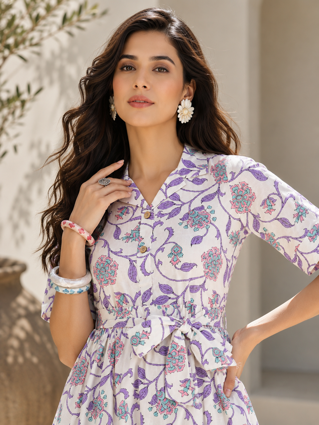 Purple Bloom Belted Fit & Flare Midi Dress