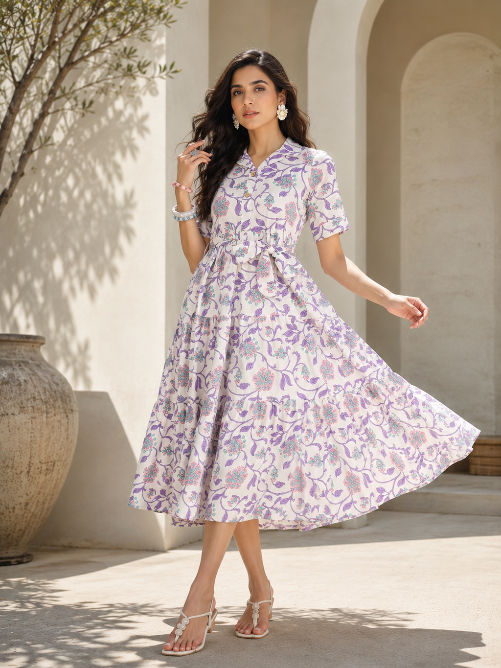 Purple Bloom Belted Fit & Flare Midi Dress