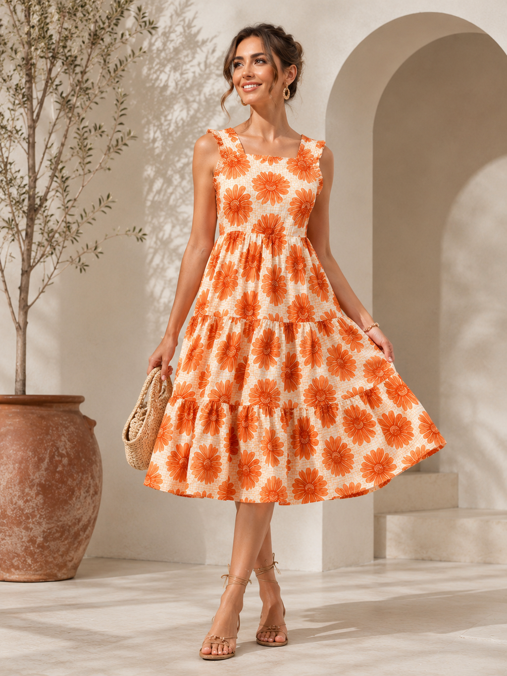 Sunset Bloom Orange Floral Midi Dress