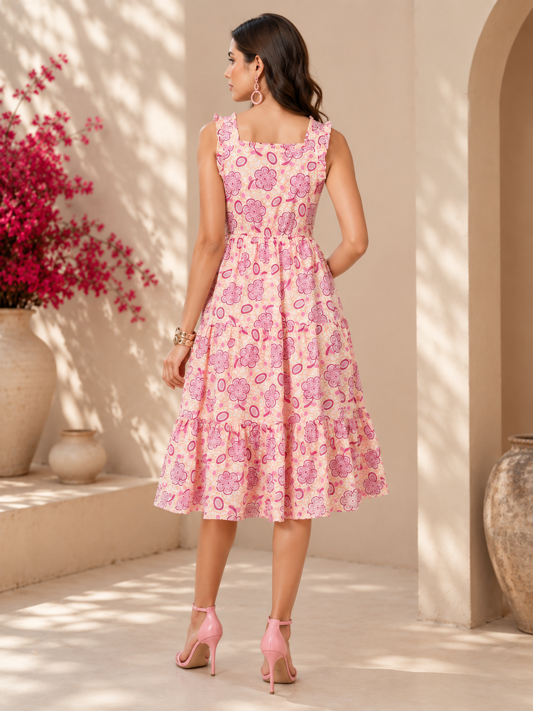Minimal Pink Floral Cotton Midi Dress