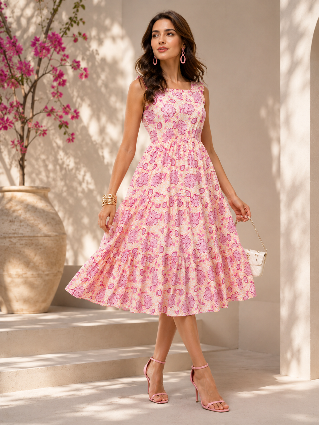Minimal Pink Floral Cotton Midi Dress