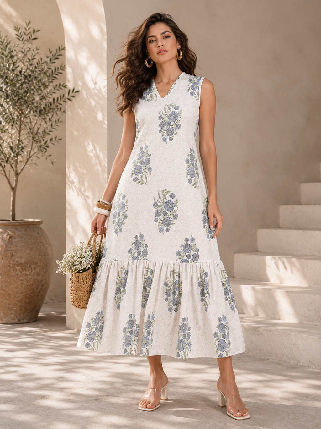 Elegant White Floral Print A-Line Maxi Dress